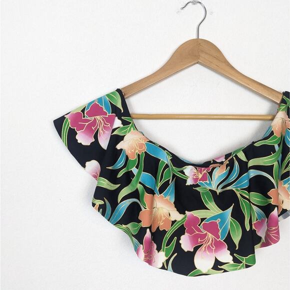 MuMu Mermaid Black Multicolored Tropical Floral Off Shoulder Ruffle Swim Top - Picture 3 of 5